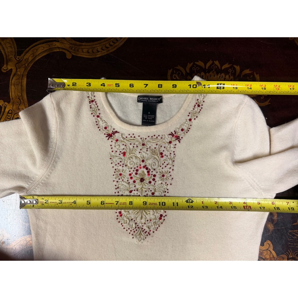 Vtg Daniel Bishop Cream Cashmere Sweater Red Beaded Embroidered Holiday Glam S - Picture 5 of 12